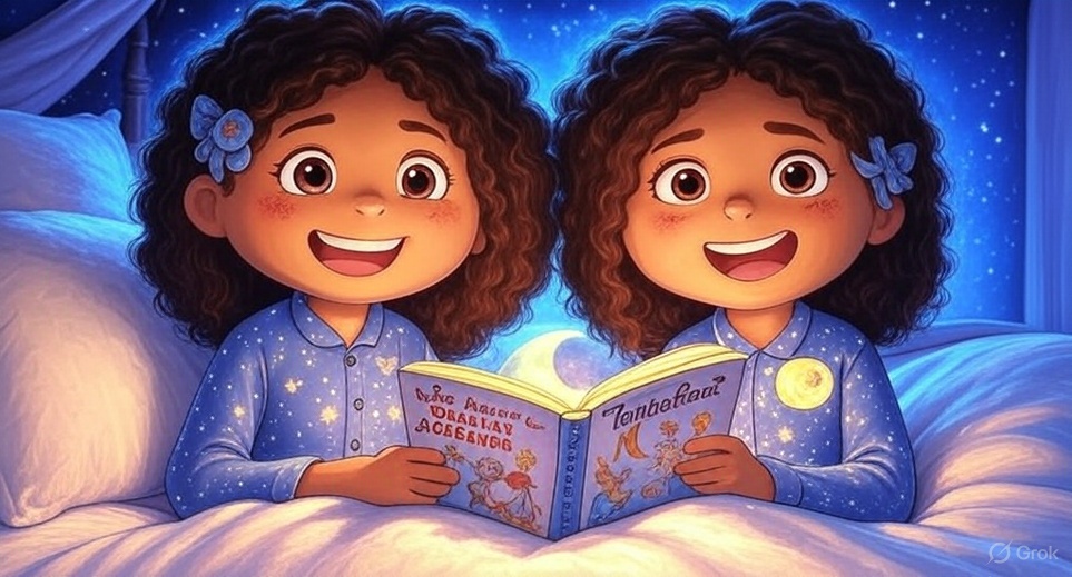 Twin girls at playground with friends